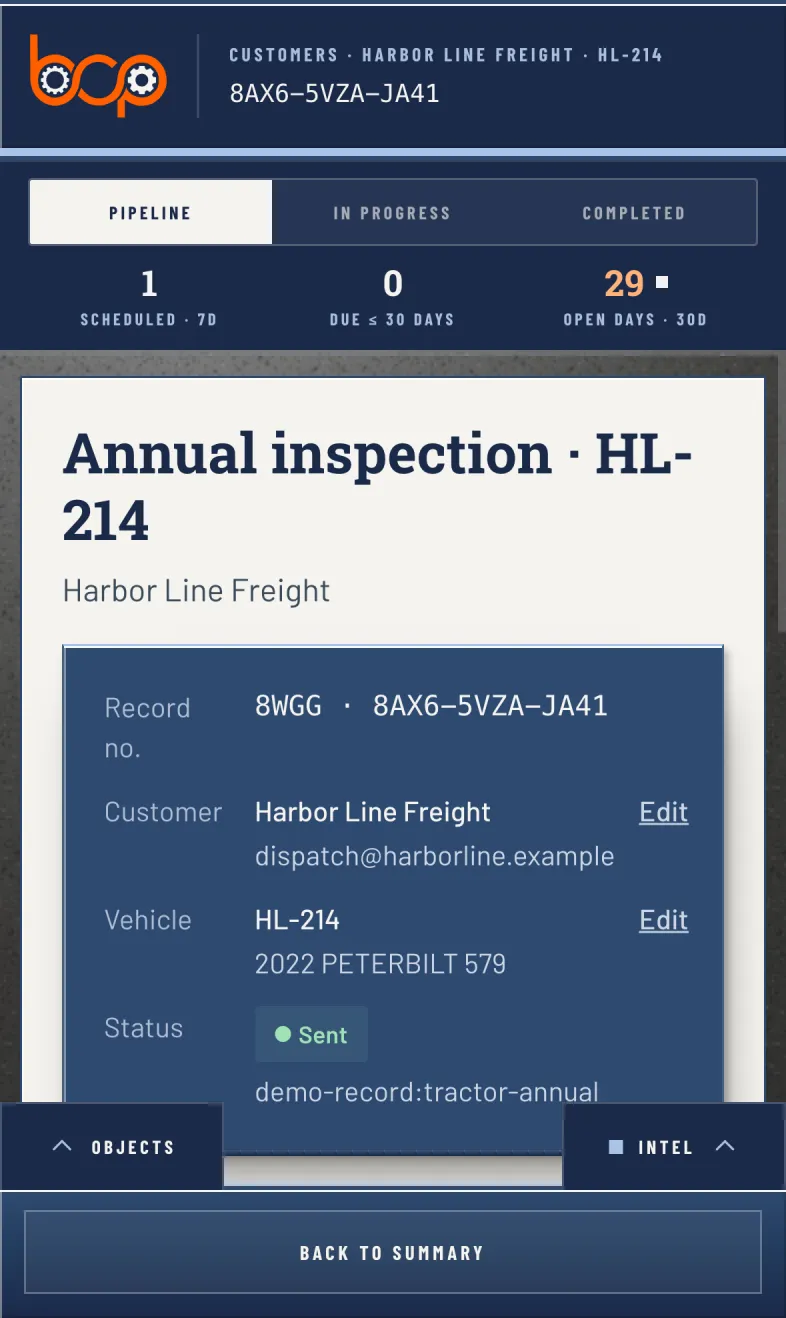An annual inspection record: its record number, the customer, the vehicle, and its status, Sent.