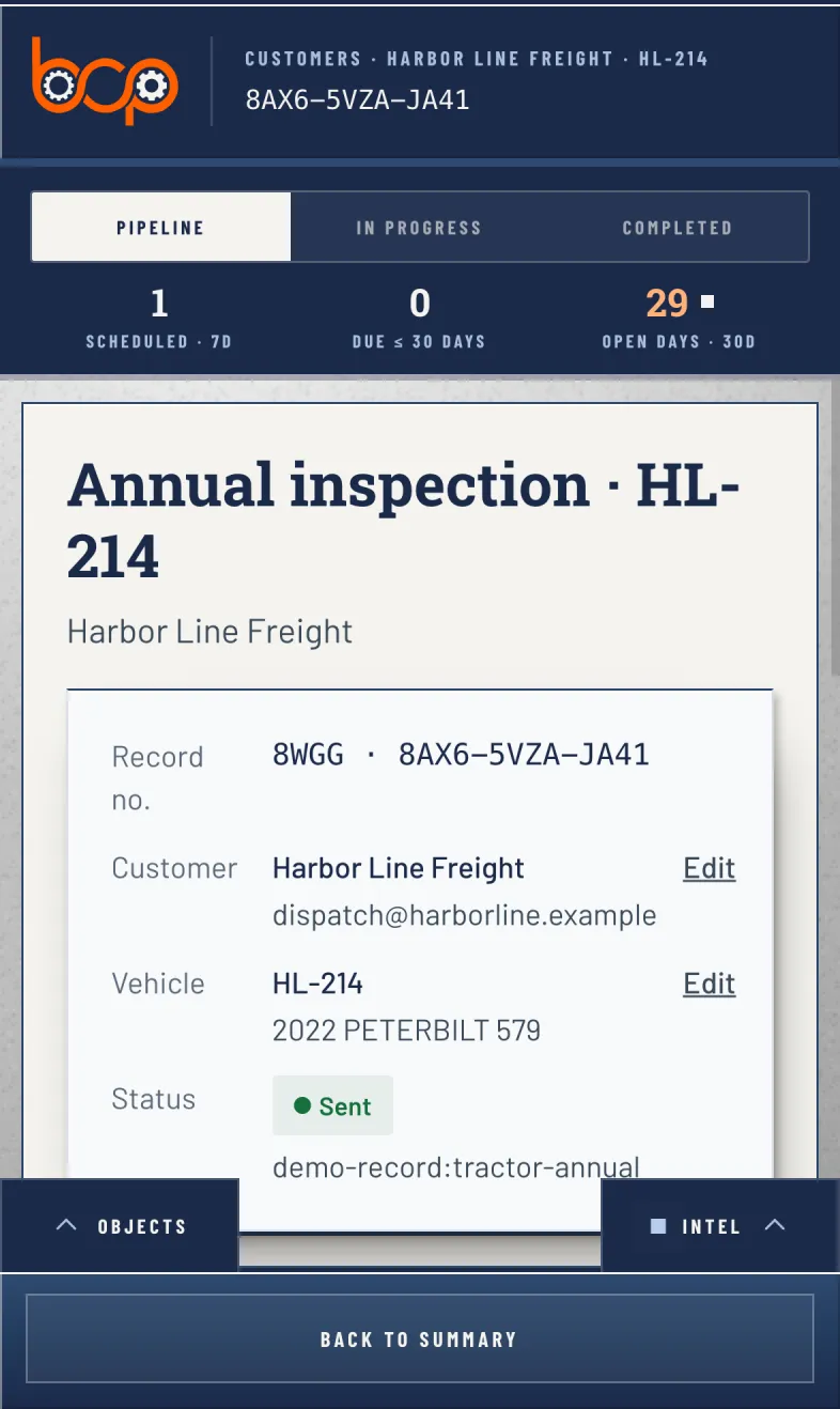 An annual inspection record: its record number, the customer, the vehicle, and its status, Sent.