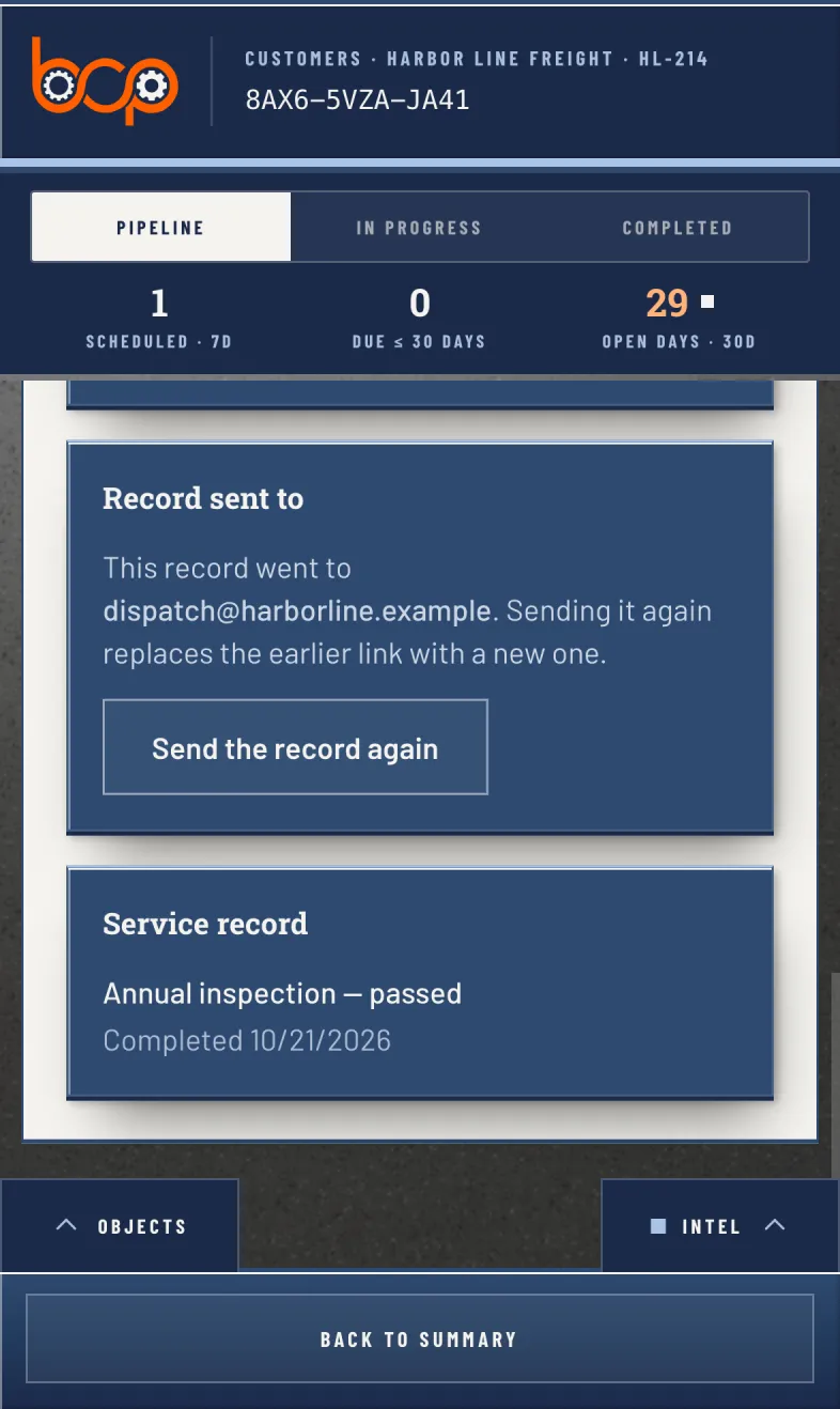 A sent annual inspection. Its service record reads passed, and it went to the customer's dispatch address.