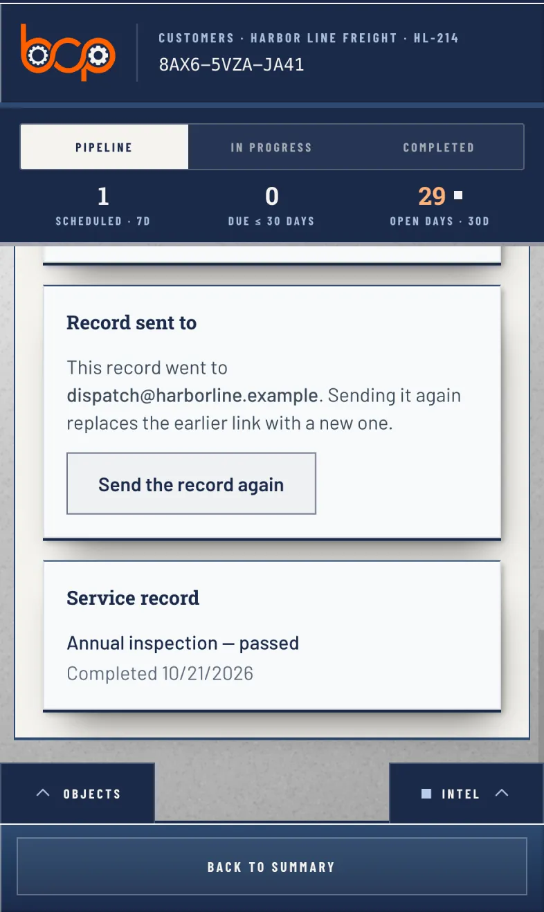 A sent annual inspection. Its service record reads passed, and it went to the customer's dispatch address.