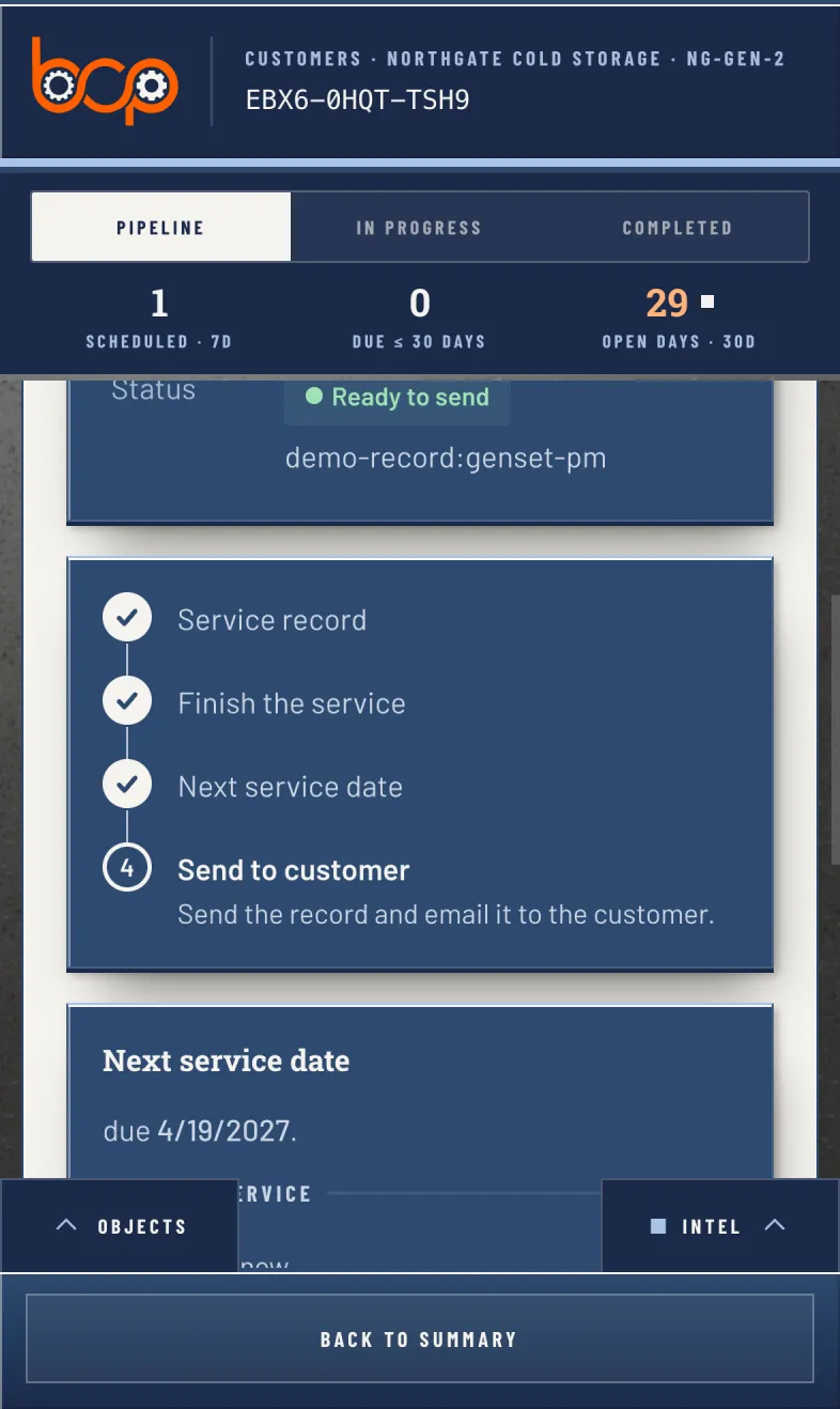 A finished PM record with its next service date set. Sending it to the customer is the one step left.
