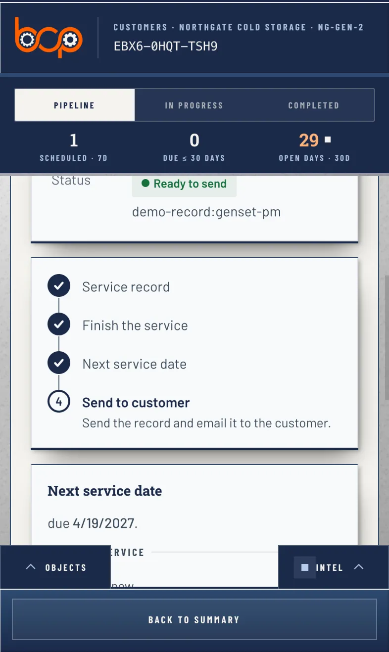 A finished PM record with its next service date set. Sending it to the customer is the one step left.