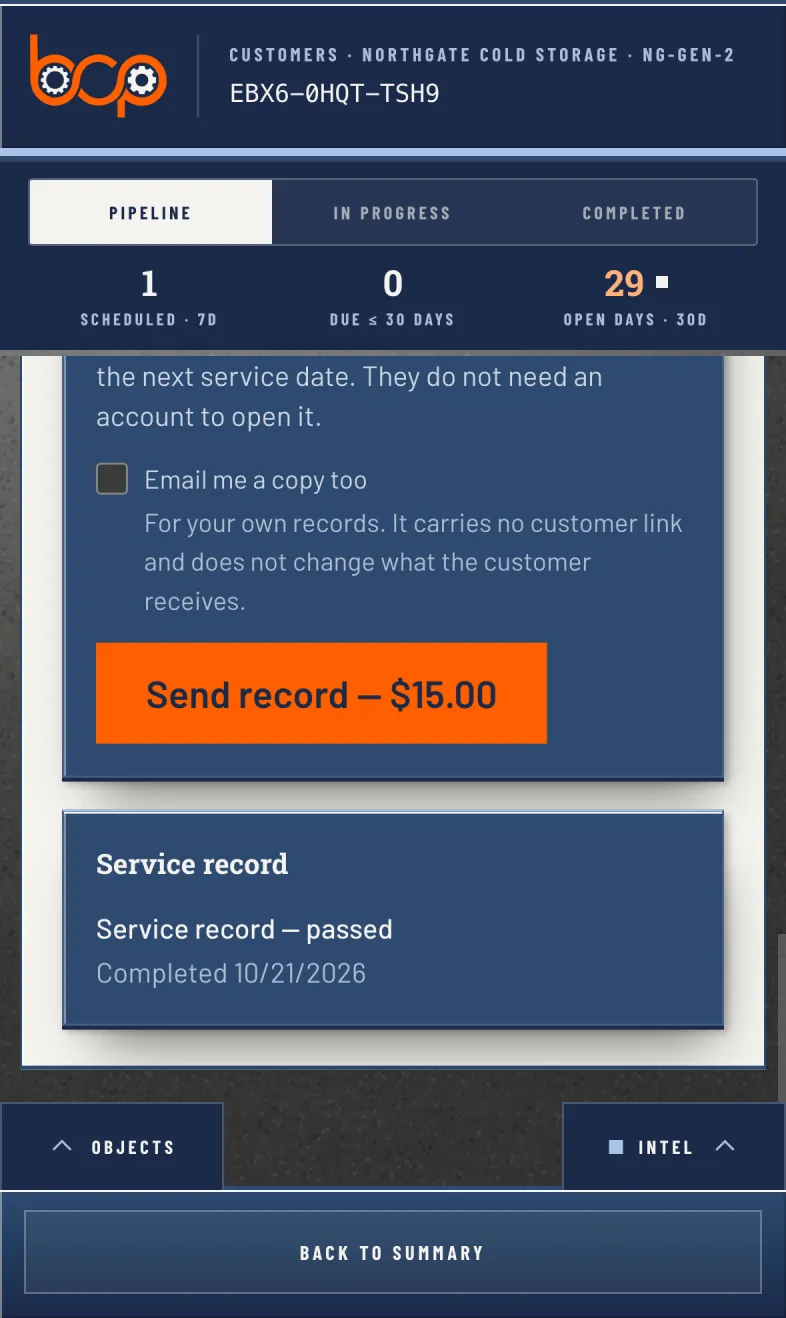 The last step on a finished PM record: send it to the customer. The price is on the button.