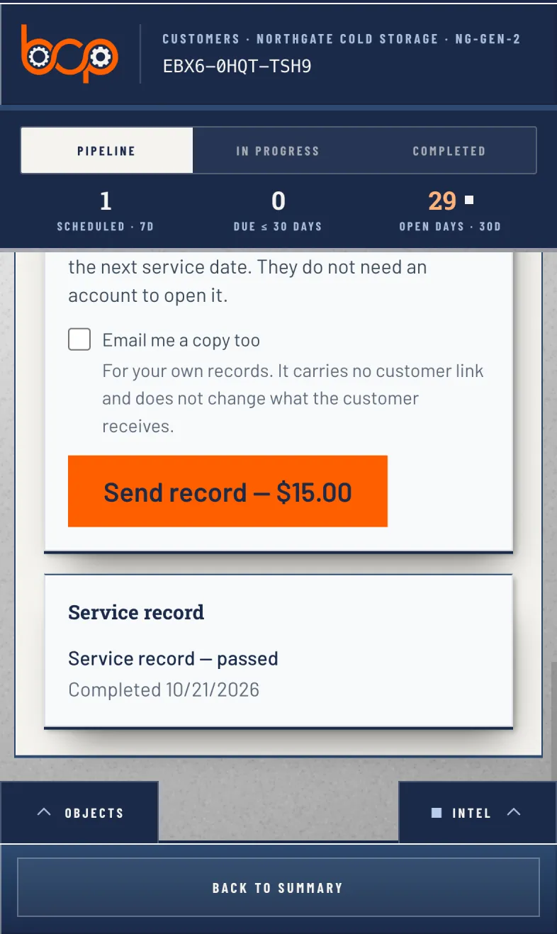 The last step on a finished PM record: send it to the customer. The price is on the button.